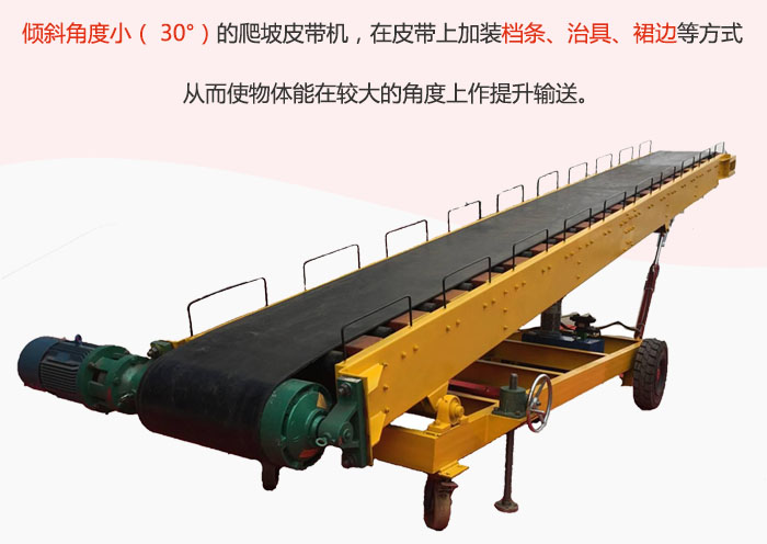 傾斜角度?。?30°）的爬坡皮帶機(jī)，在皮帶上加裝檔條、治具、裙邊等方式從而使物體能在較大的角度上作提升輸送。